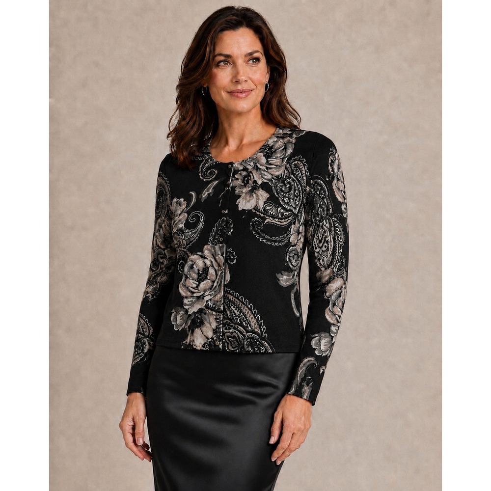 White House Black Market Floral Paisley Snap Front Cardigan Black Gold Medium